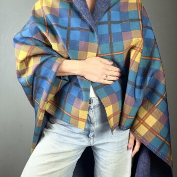 Italian Reversible Colourful Plaid Wool Mix Blue